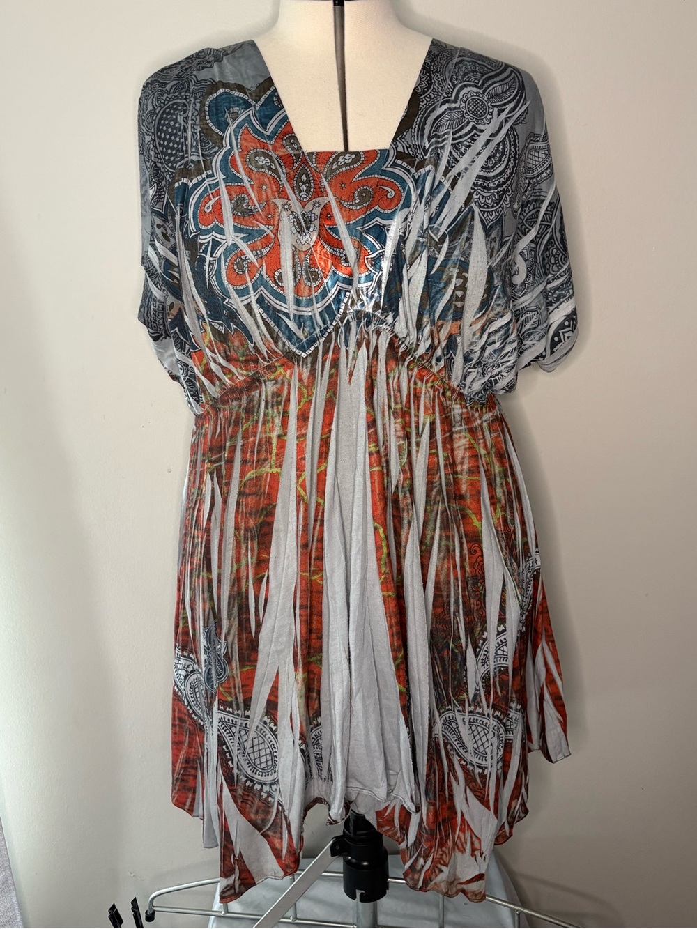 Style & Co. Multicolor Short Sleeve Boho Mini Dress in Blue, Gray & Orange